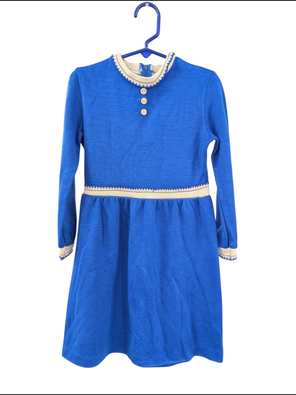 Classic Vintage Royal Blue Knit Dress with Cream Trim - Kids